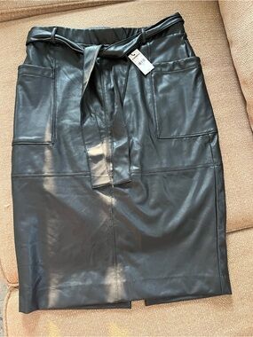 Express Black Faux Leather Pencil Skirt with Tie Waist